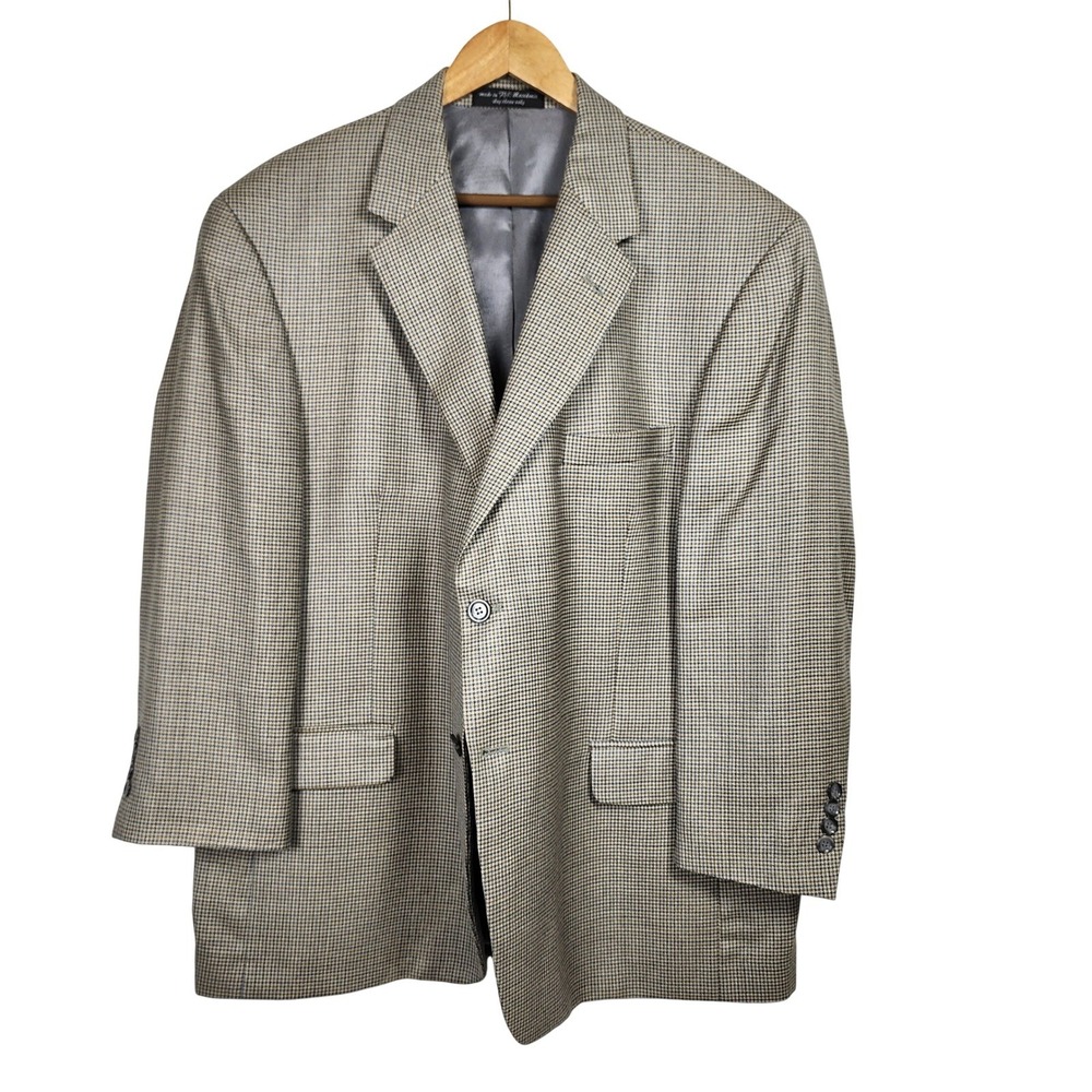 Andrew Fezza Houndstooth Blazer 46S Tan Blue Silk Wool Sport Coat Casual Vintage